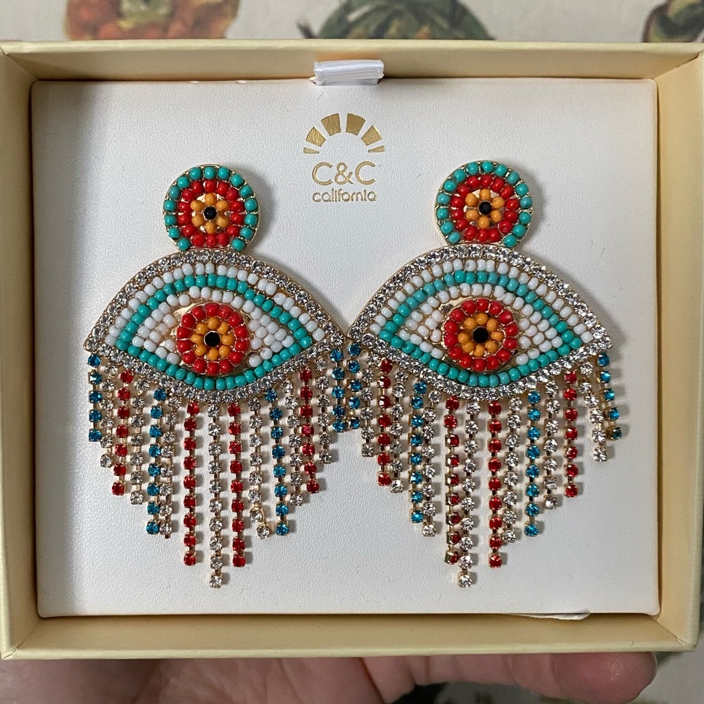 NEW C&C California Multicolor Rhinestone & Beaded EVIL EYE Earrings~
